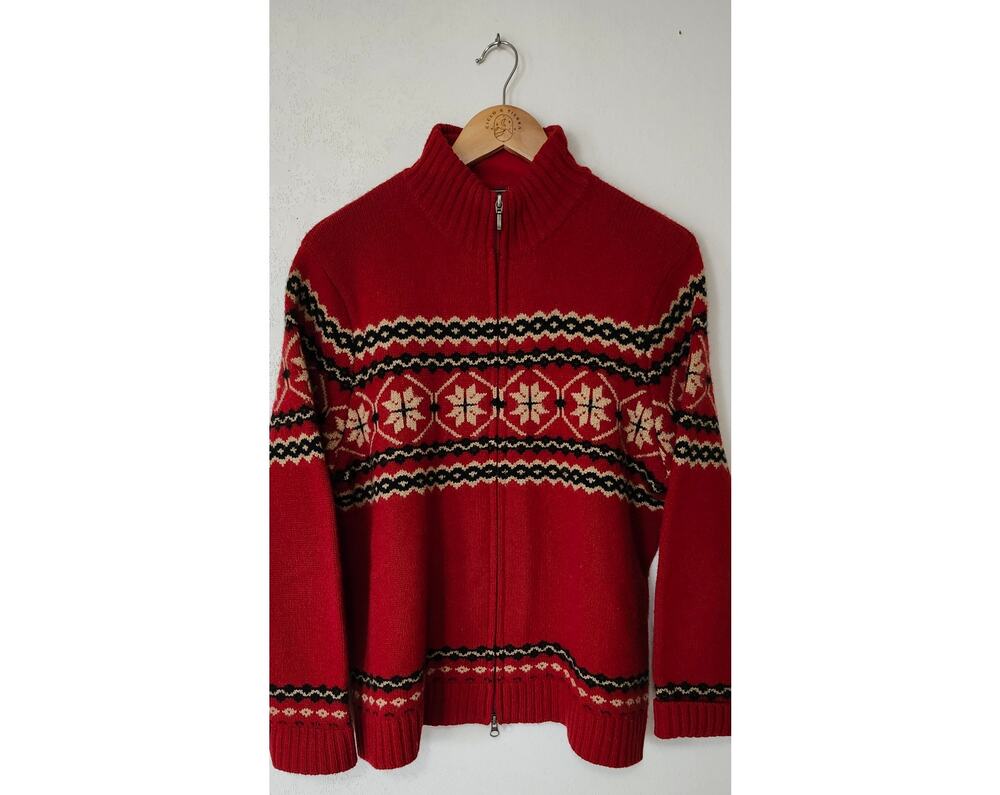 Vintage Eddie Bauer Lambswool Sweater XL Red Fair Isle Nordic Zip Mock Neck Wool